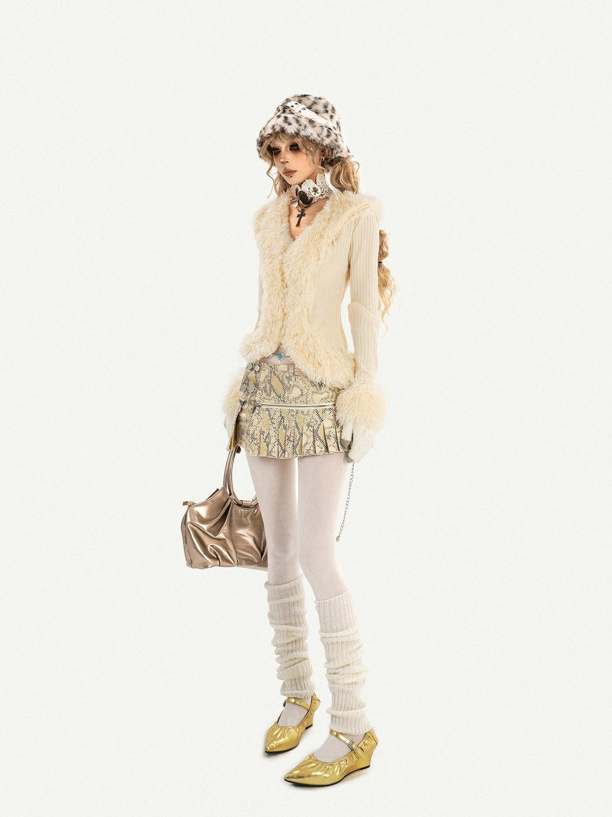 Nico Molly Ivory Shearling Collar V-neck Slim Long Sleeve Women&