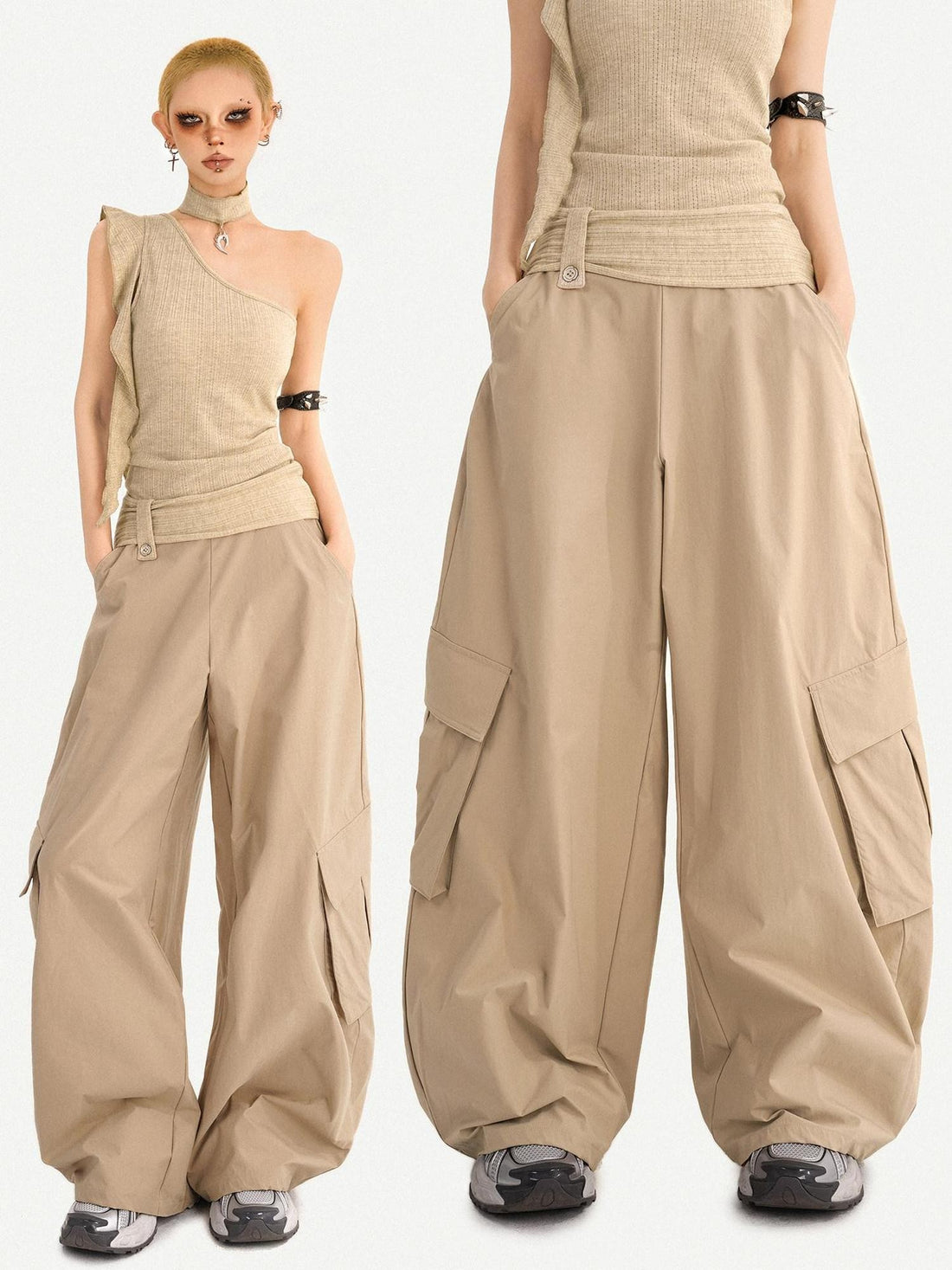 Nico Molly Khaki Cargo Pocket High Waist Straight Cut Casual Women&