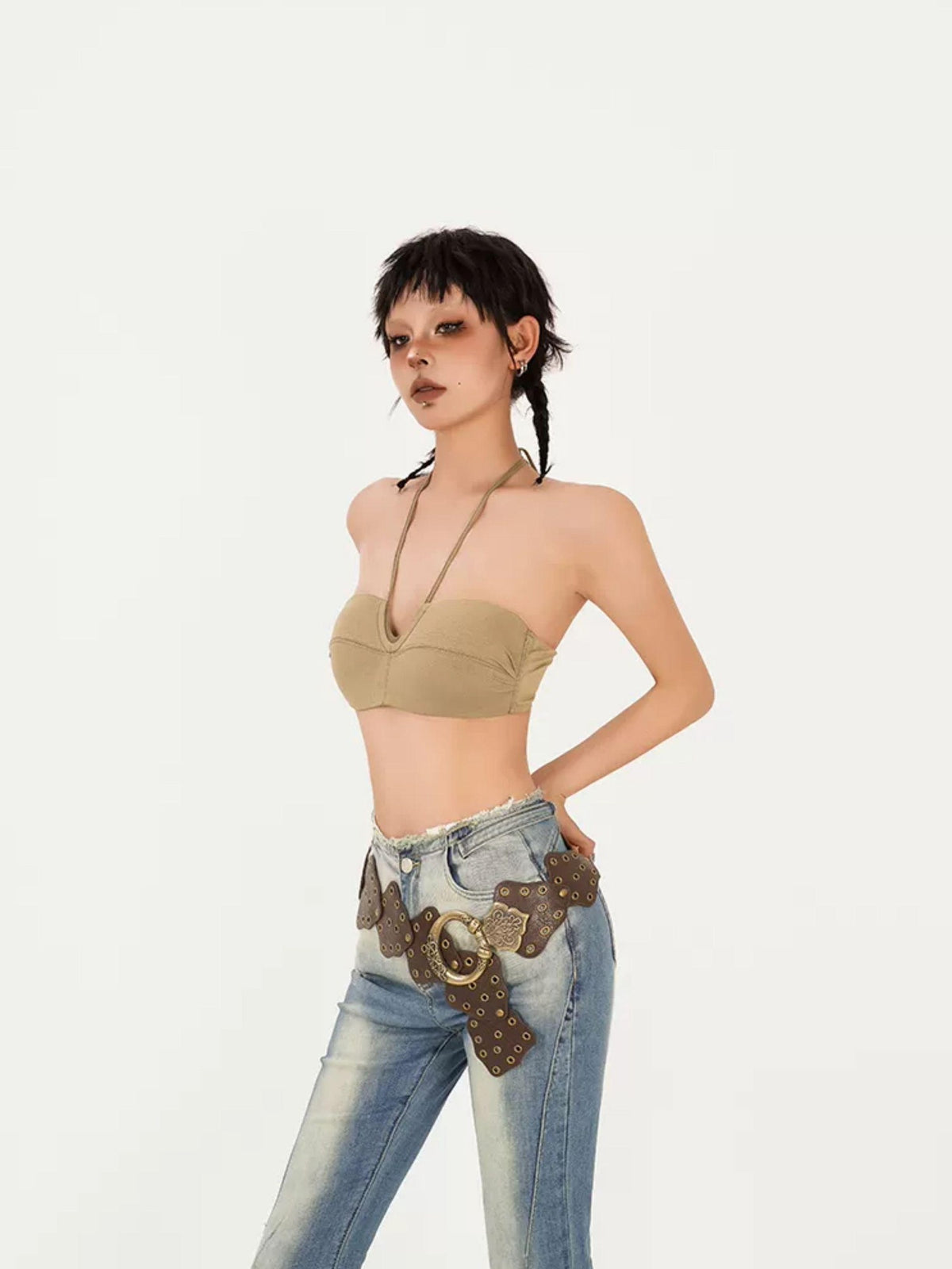 Nico Molly Khaki Push Up Halter Open Back Anti Slip Bandeau Women&