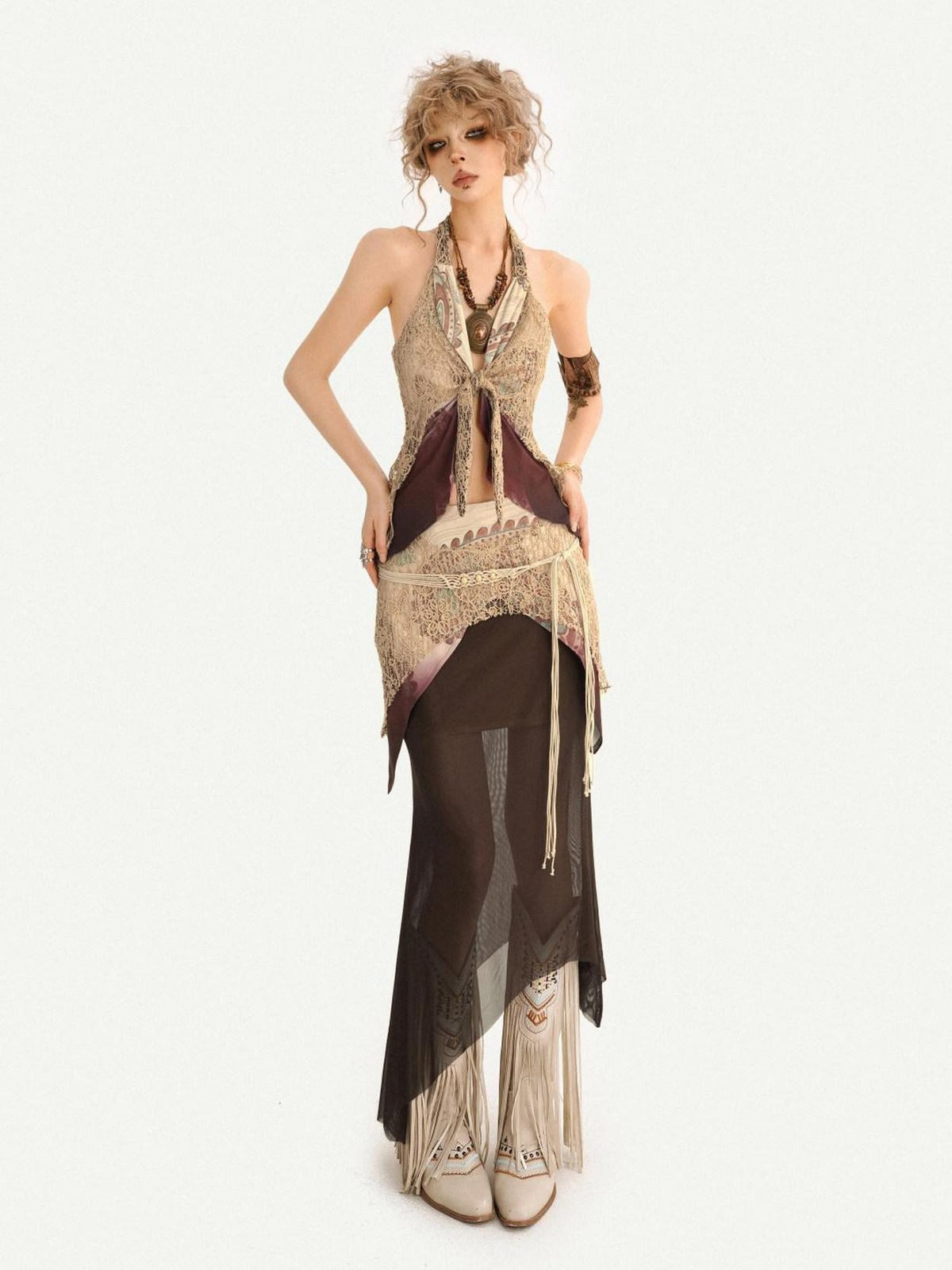 Nico Molly Layered Lace Fringed Halter V-neck Women&