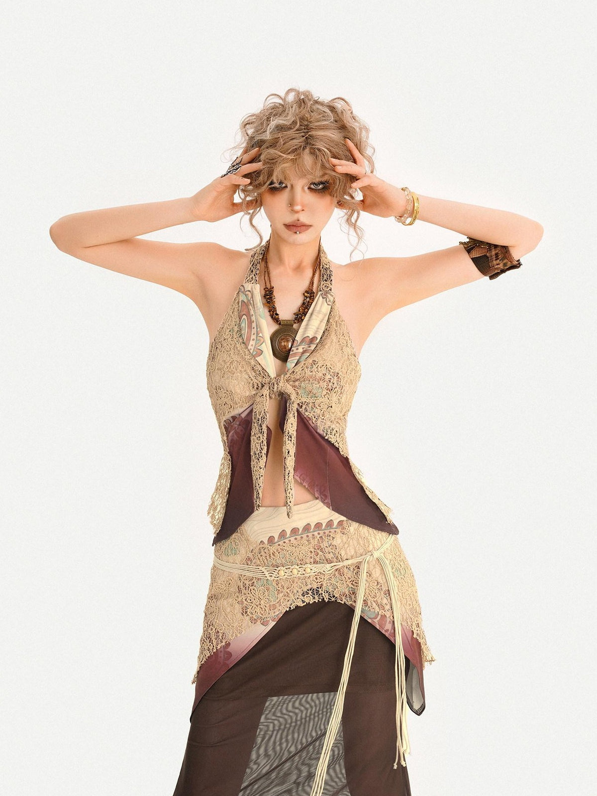 Nico Molly Layered Lace Fringed Halter V-neck Women&