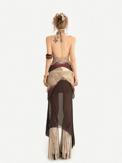 Nico Molly Layered Lace Fringed Halter V-neck Women&