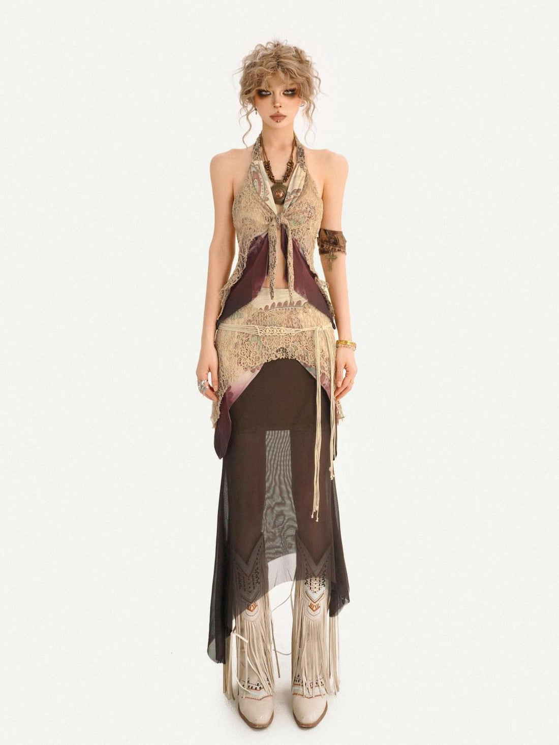 Nico Molly Layered Lace Fringed Halter V-neck Women&