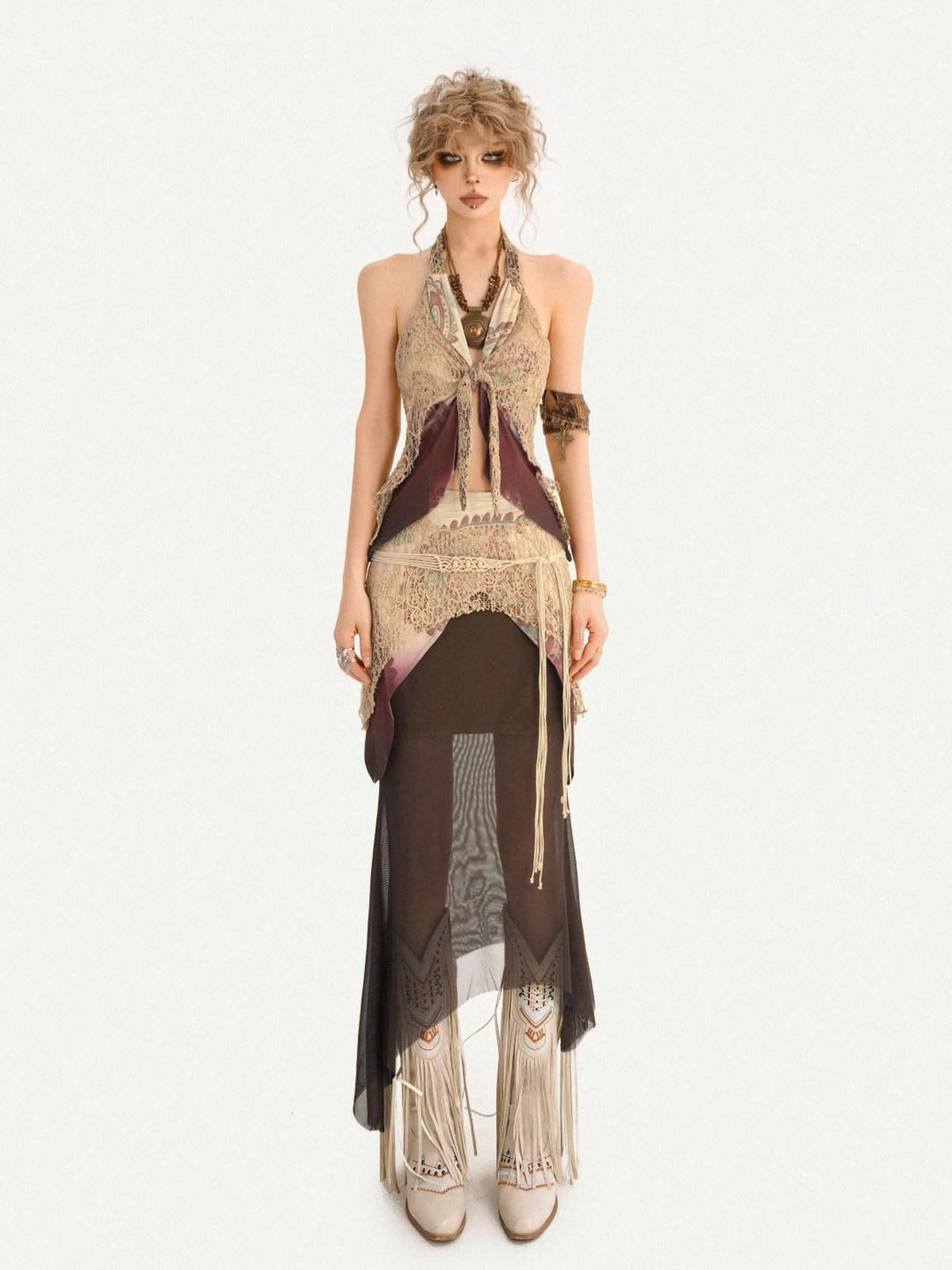 Nico Molly Layered Lace Fringed Halter V-neck Women&