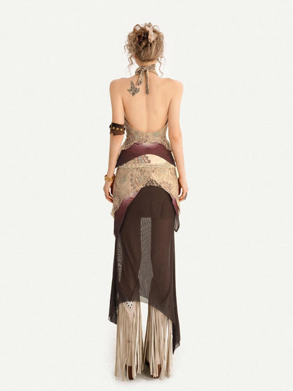 Nico Molly Layered Lace Fringed Halter V-neck Women&