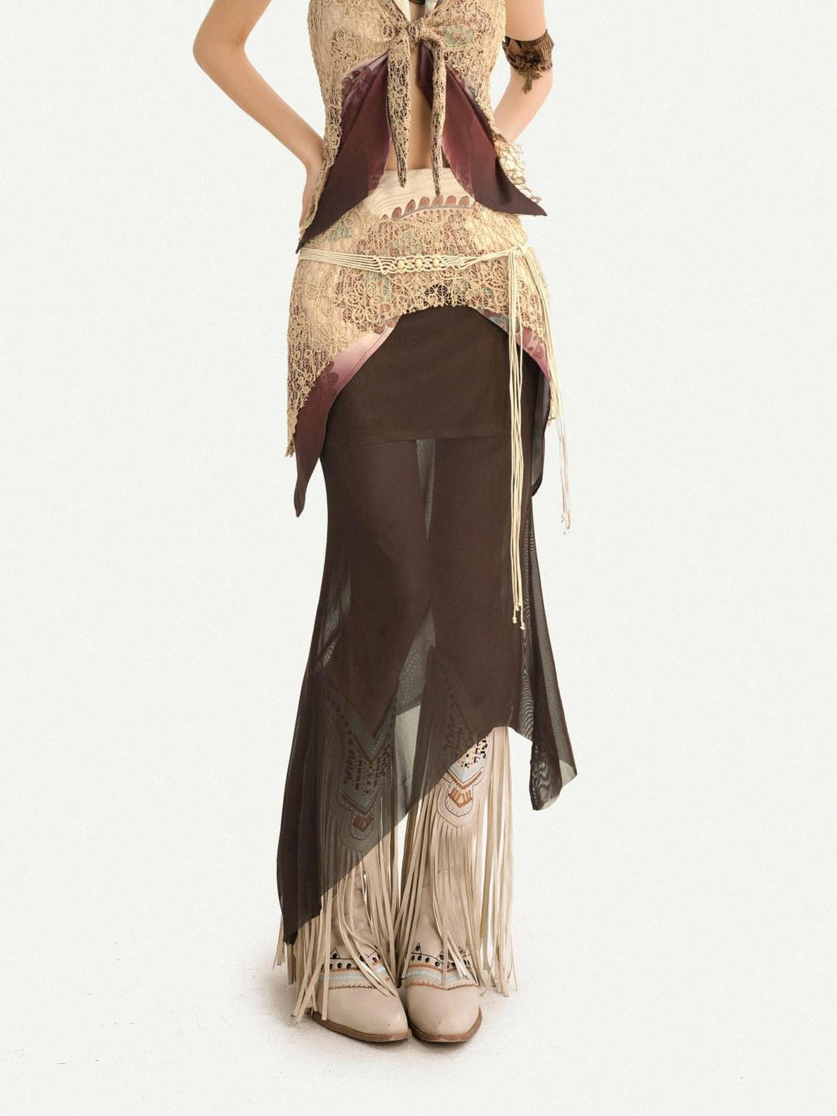 Nico Molly Layered Lace Fringed Halter V-neck Women&