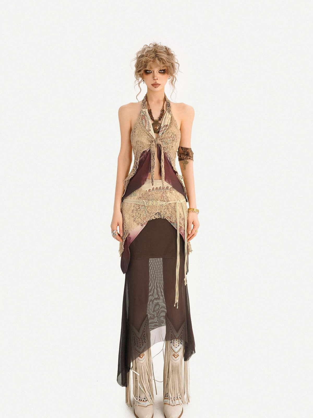 Nico Molly Layered Lace Fringed Halter V-neck Women&