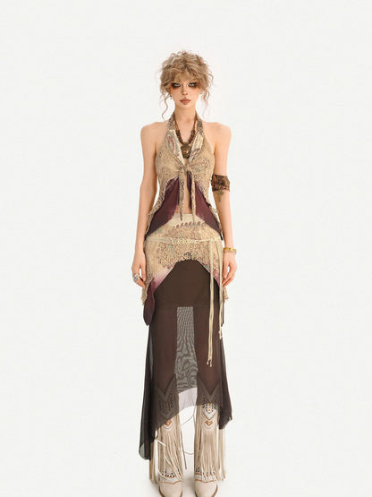 Nico Molly Layered Lace Fringed Halter V-neck Women&