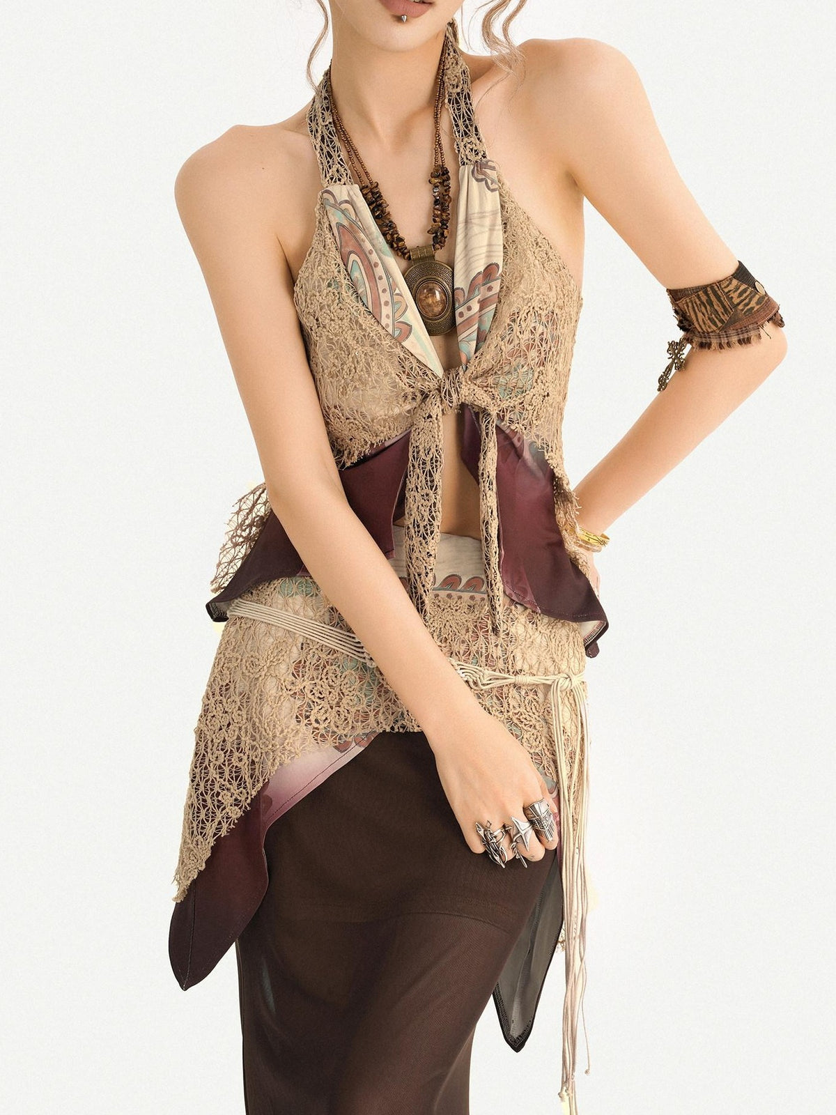 Nico Molly Layered Lace Fringed Halter V-neck Women&