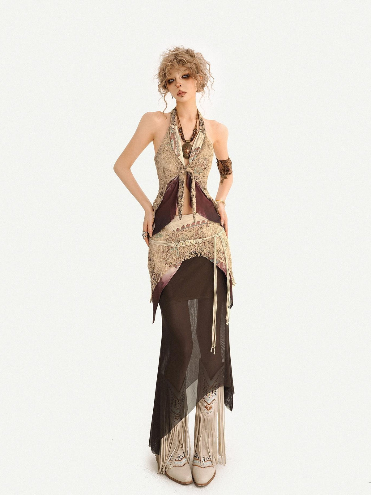 Nico Molly Layered Lace Fringed Halter V-neck Women&