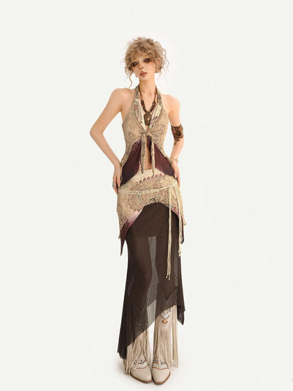 Nico Molly Layered Lace Fringed Halter V-neck Women&