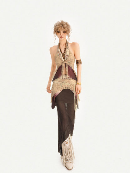 Nico Molly Layered Lace Fringed Halter V-neck Women&