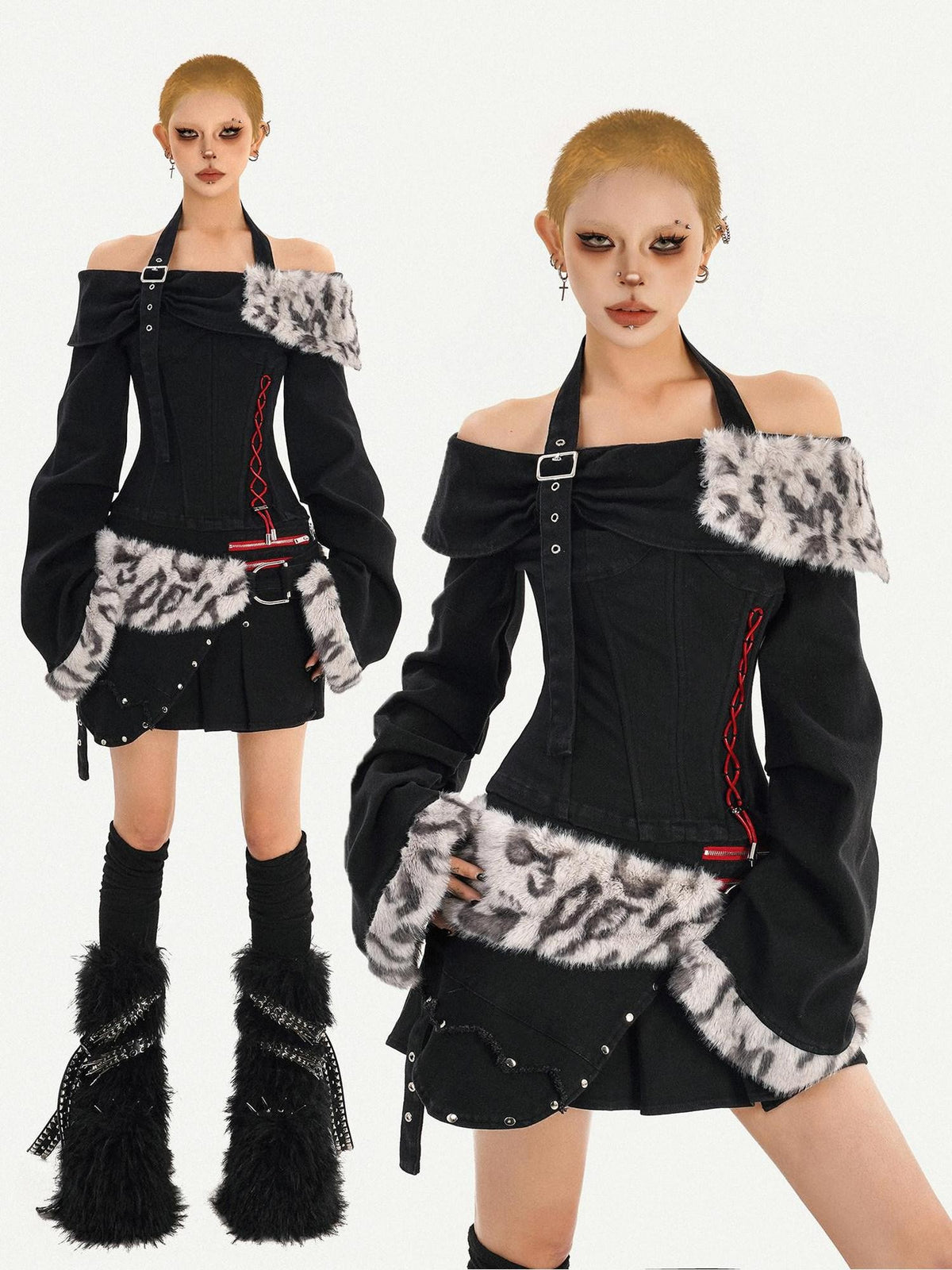 Nico Molly Leopard Patchwork Halter Bardot Waist Cashmere Women&