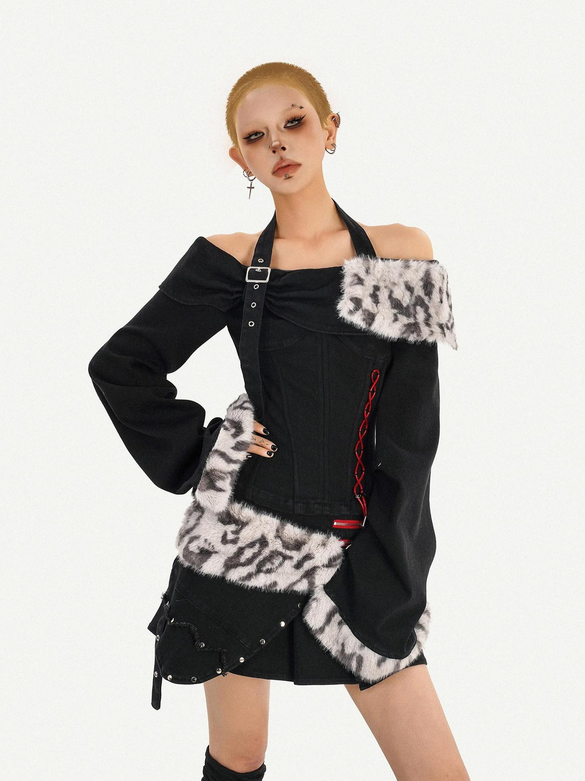 Nico Molly Leopard Patchwork Halter Bardot Waist Cashmere Women&
