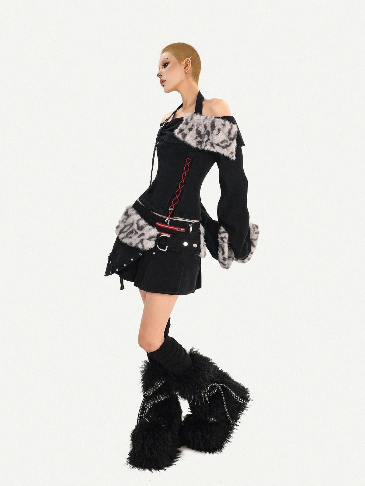 Nico Molly Leopard Patchwork Halter Bardot Waist Cashmere Women&