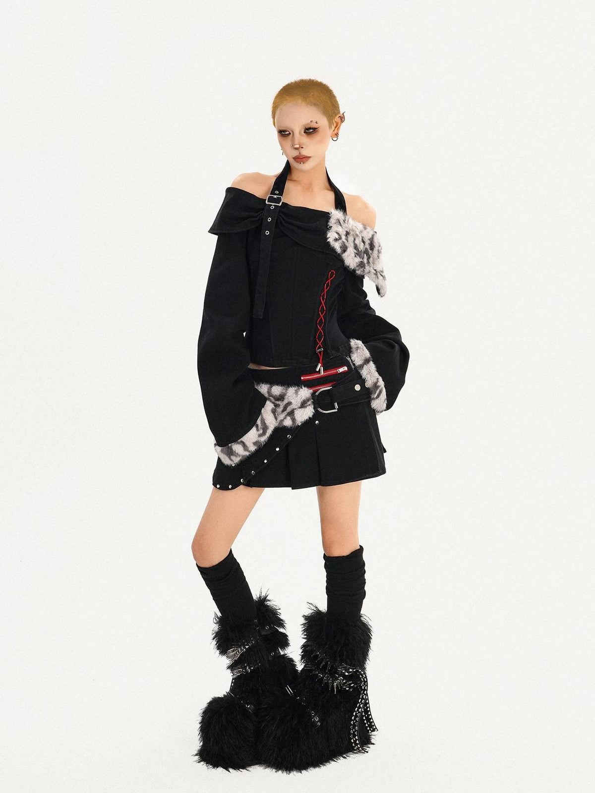 Nico Molly Leopard Patchwork Halter Bardot Waist Cashmere Women&