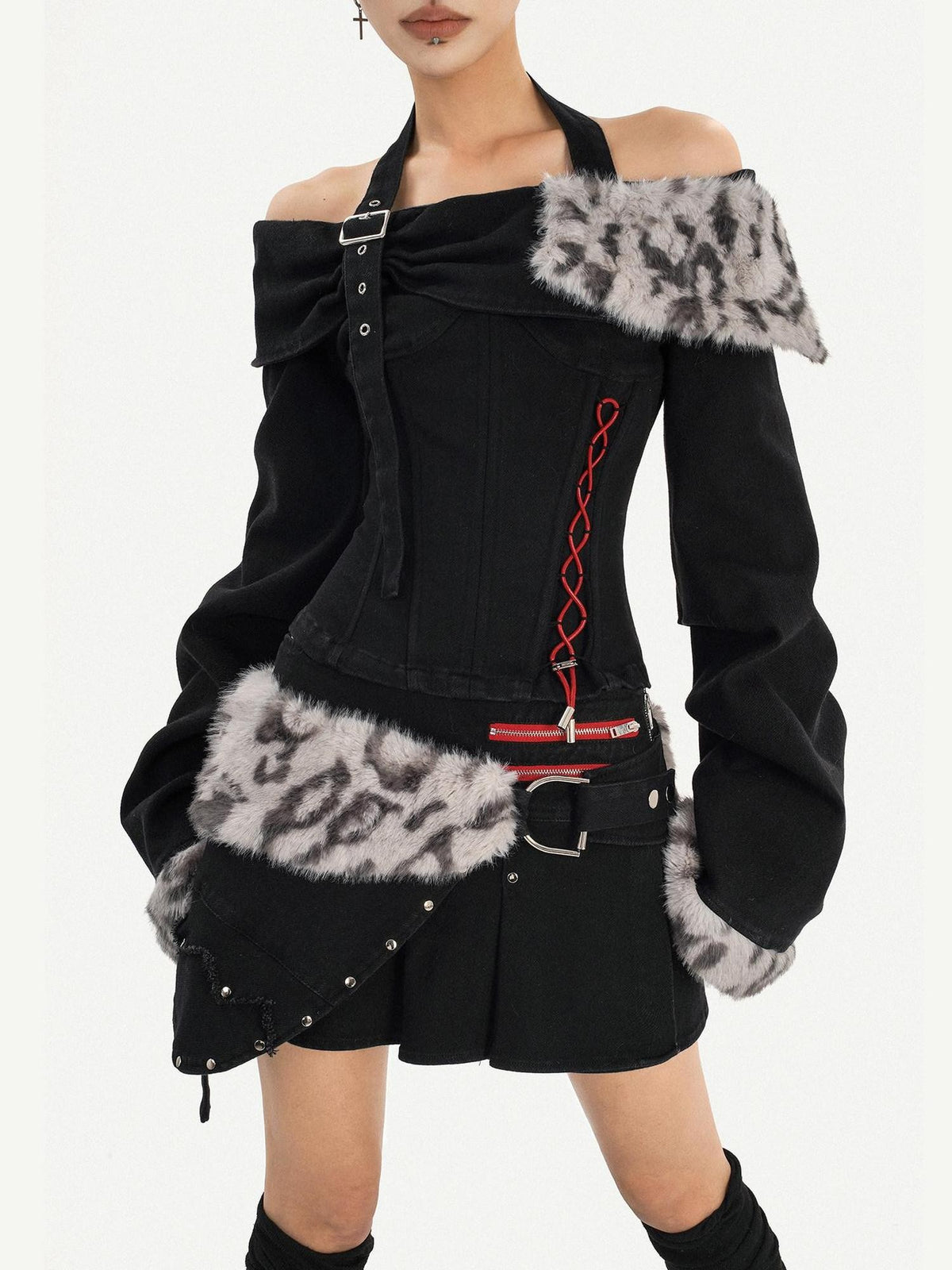 Nico Molly Leopard Patchwork Halter Bardot Waist Cashmere Women&