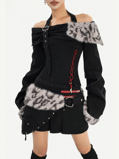 Nico Molly Leopard Patchwork Halter Bardot Waist Cashmere Women&