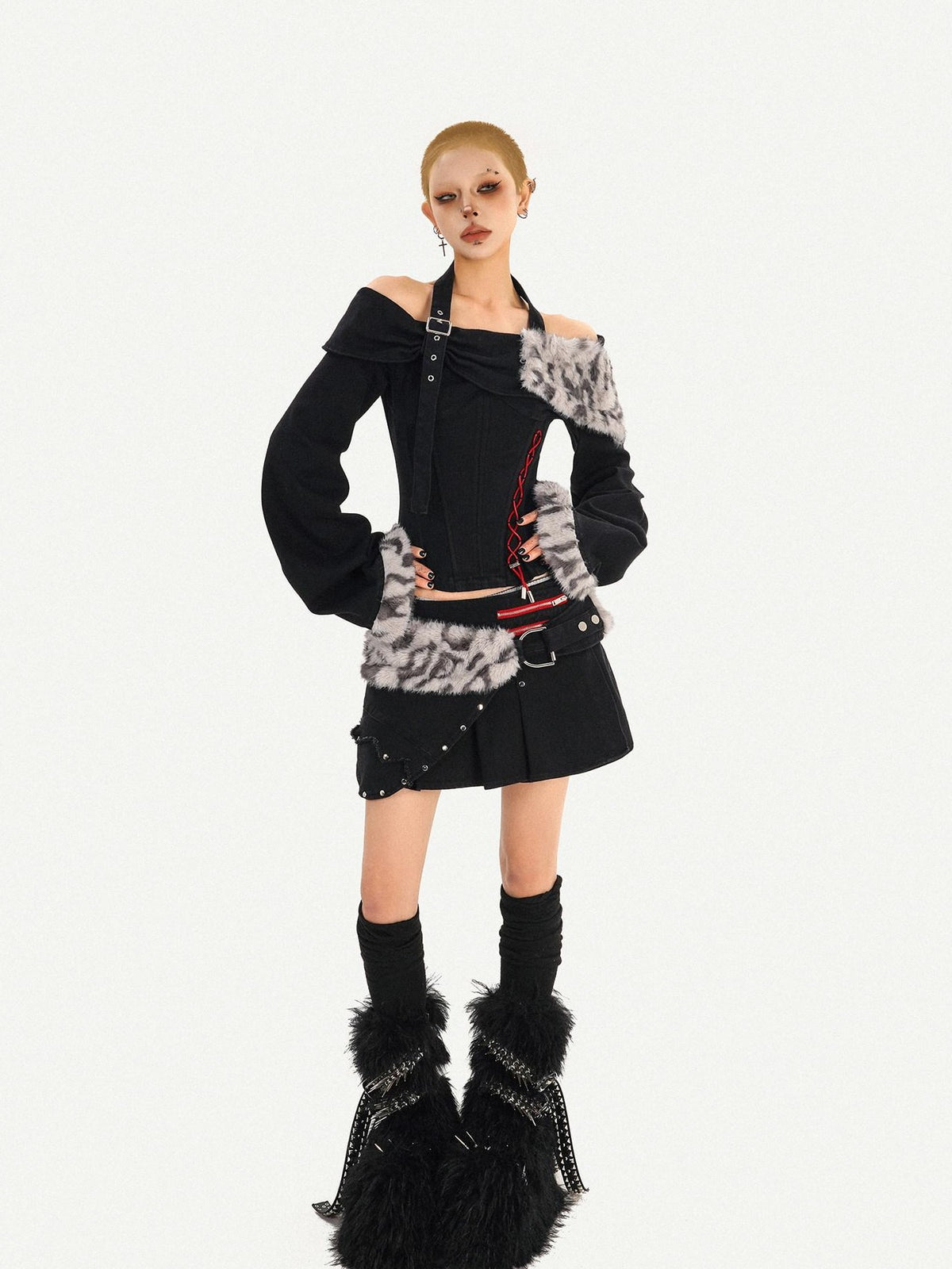 Nico Molly Leopard Patchwork Halter Bardot Waist Cashmere Women&