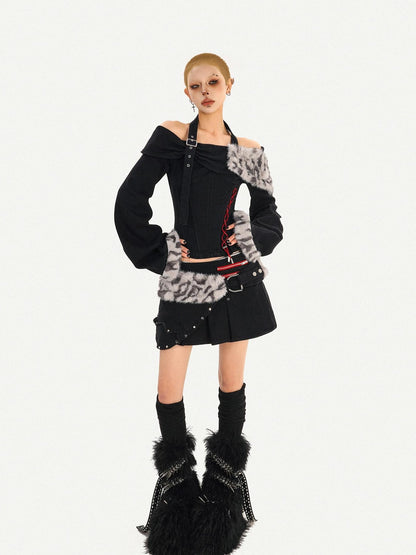 Nico Molly Leopard Patchwork Halter Bardot Waist Cashmere Women&