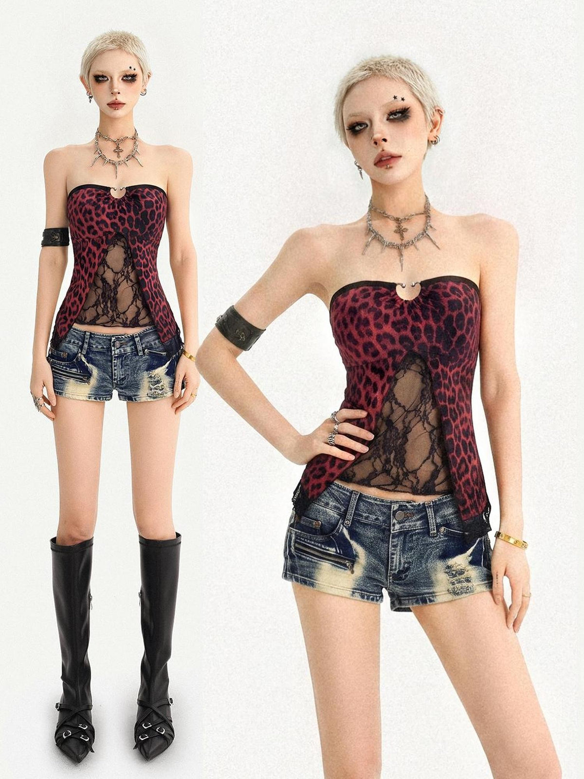 Nico Molly Leopard Patchwork Slim Fit Backless Gothic Women&