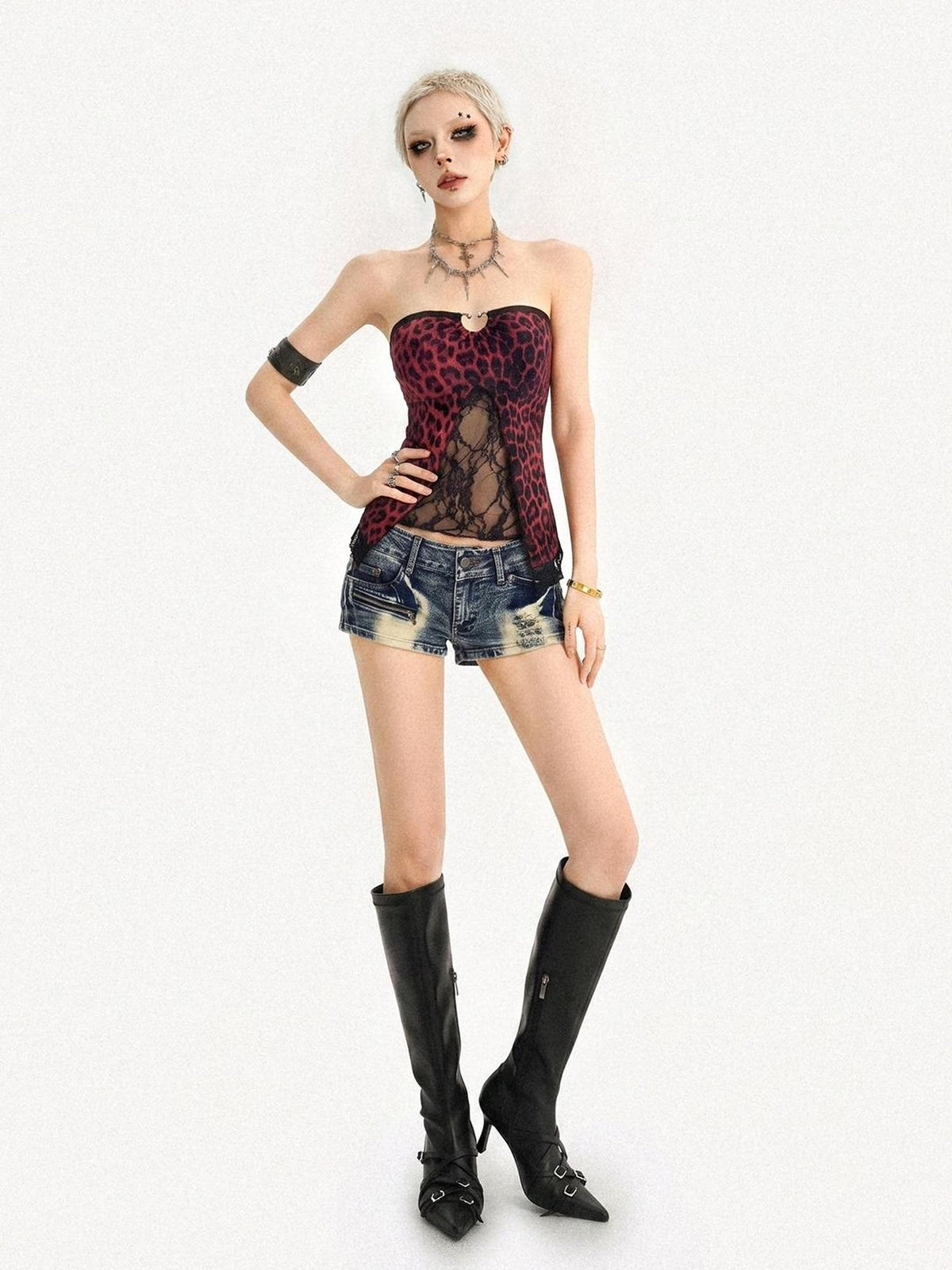 Nico Molly Leopard Patchwork Slim Fit Backless Gothic Women&
