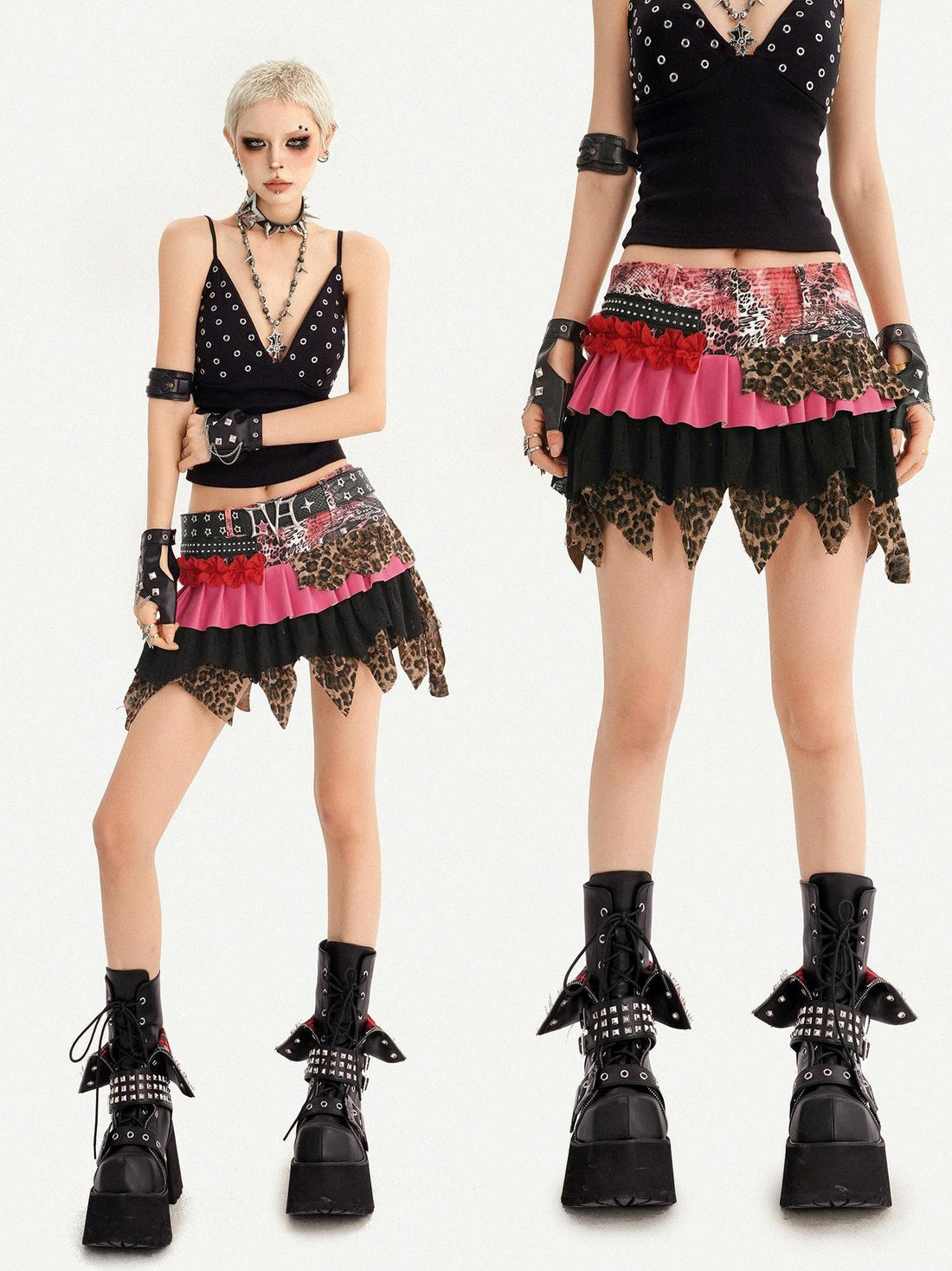 Nico Molly Leopard Print Patchwork Asymmetrical Mid Waist Front Zipper Women&