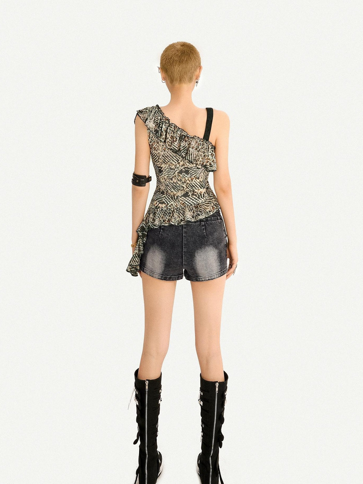 Nico Molly Leopard Print Patchwork Crisscross One Shoulder Ruffle Women&