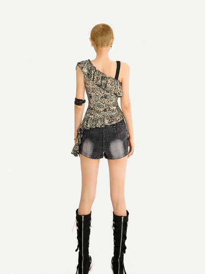 Nico Molly Leopard Print Patchwork Crisscross One Shoulder Ruffle Women&