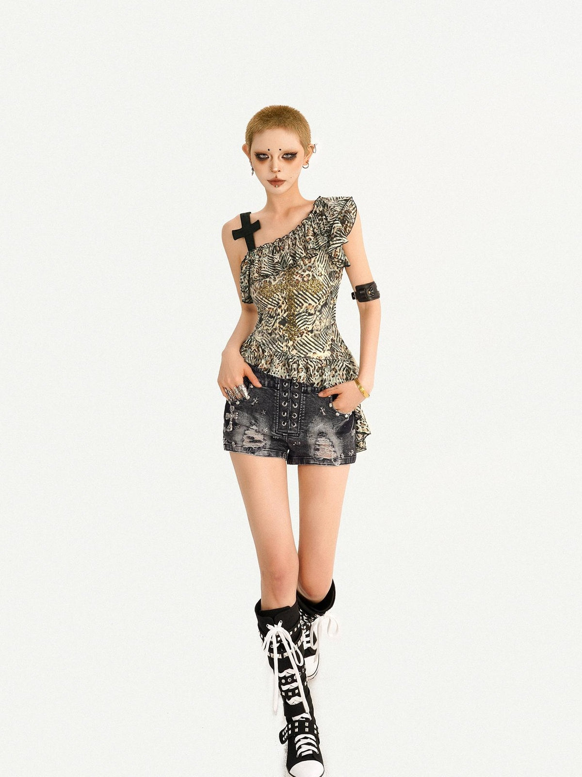 Nico Molly Leopard Print Patchwork Crisscross One Shoulder Ruffle Women&