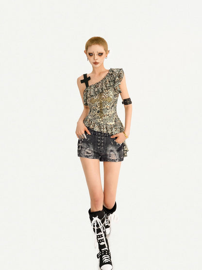 Nico Molly Leopard Print Patchwork Crisscross One Shoulder Ruffle Women&