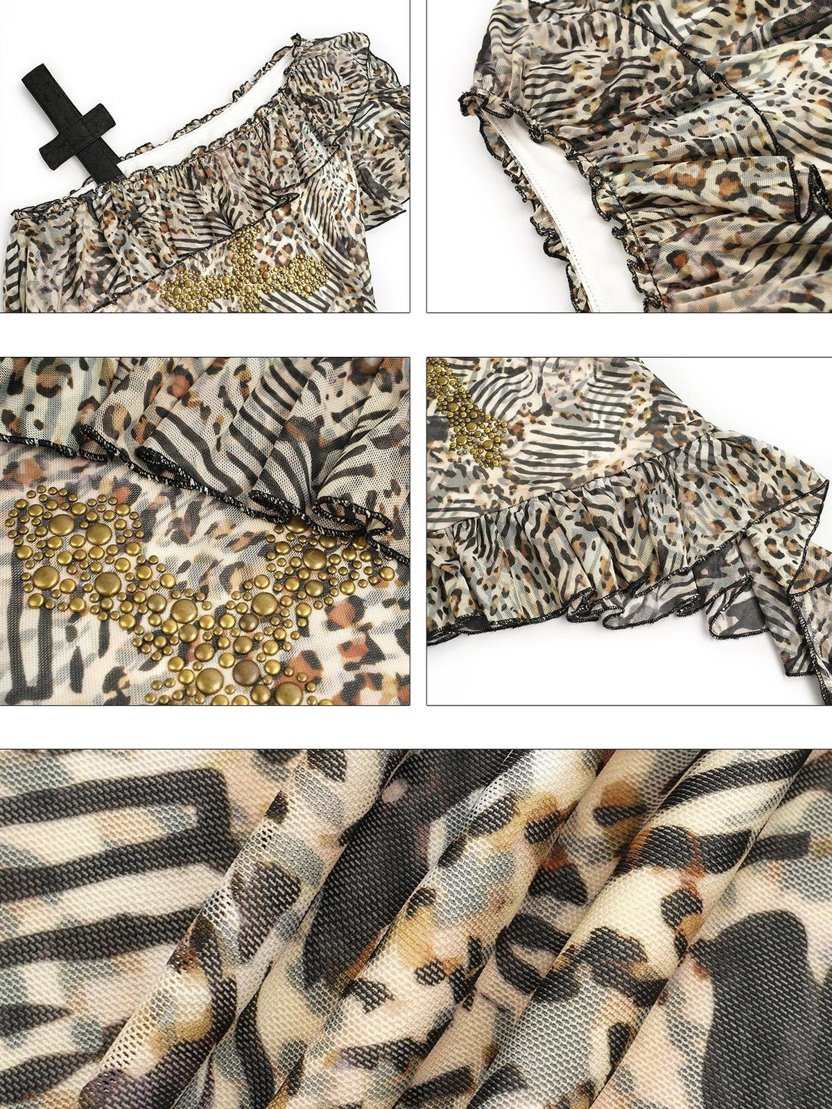 Nico Molly Leopard Print Patchwork Crisscross One Shoulder Ruffle Women&