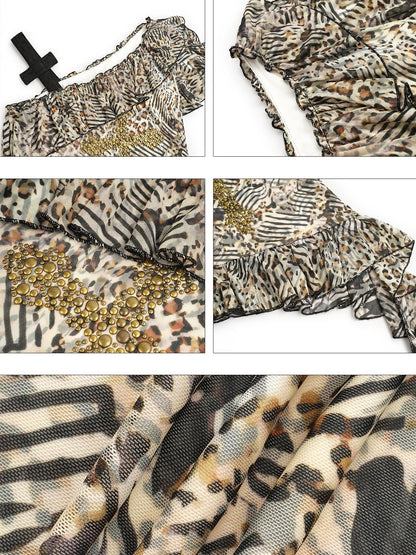 Nico Molly Leopard Print Patchwork Crisscross One Shoulder Ruffle Women&