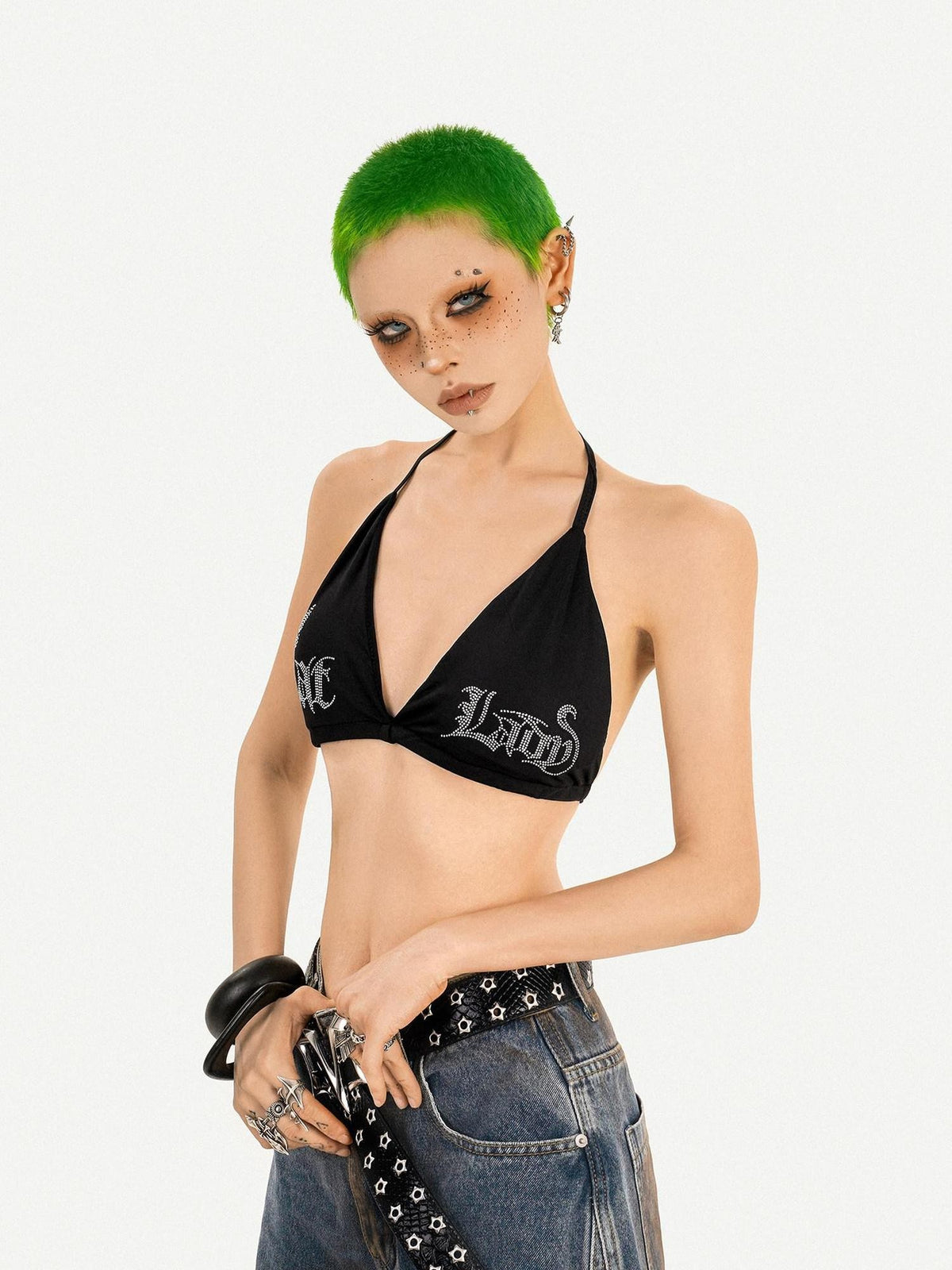 Nico Molly Leopard Print Rhinestone Halter Tie V-neck Backless Slim Women&