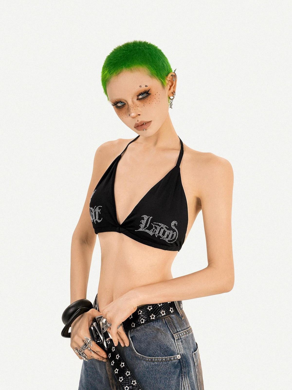 Nico Molly Leopard Print Rhinestone Halter Tie V-neck Backless Slim Women&