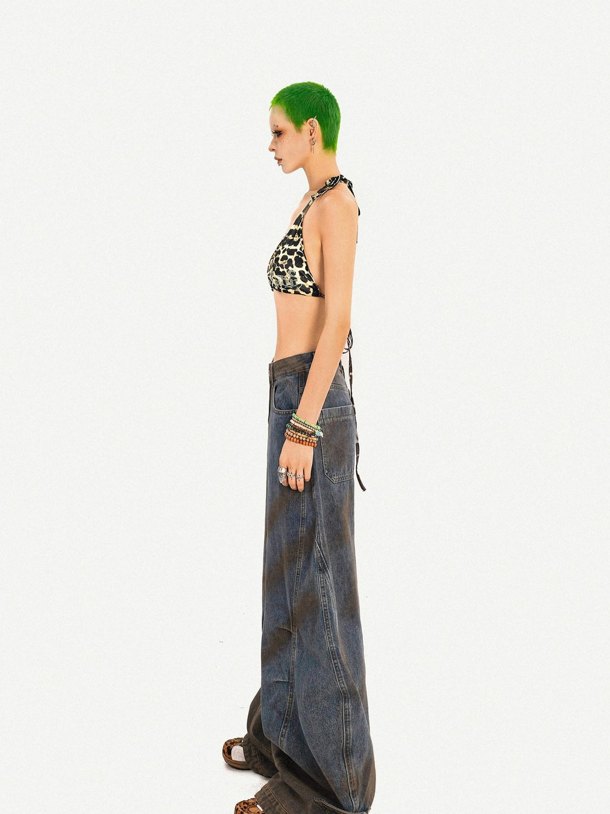 Nico Molly Leopard Print Rhinestone Halter Tie V-neck Backless Slim Women&