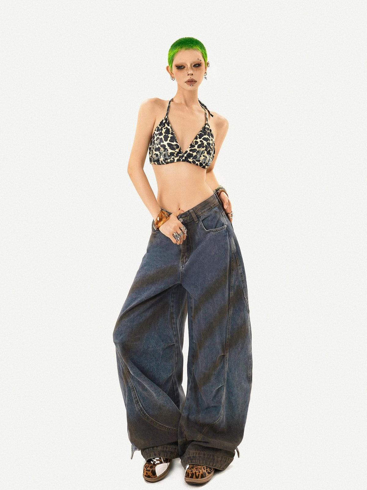 Nico Molly Leopard Print Rhinestone Halter Tie V-neck Backless Slim Women&
