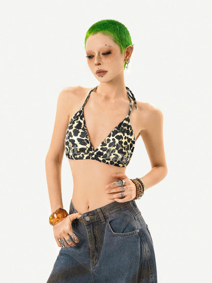 Nico Molly Leopard Print Rhinestone Halter Tie V-neck Backless Slim Women&