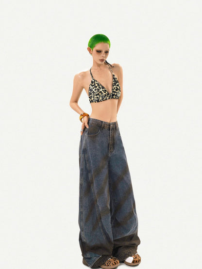 Nico Molly Leopard Print Rhinestone Halter Tie V-neck Backless Slim Women&