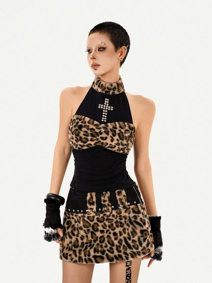 Nico Molly Leopard Spliced Halter Retro Fitted Sexy Women&