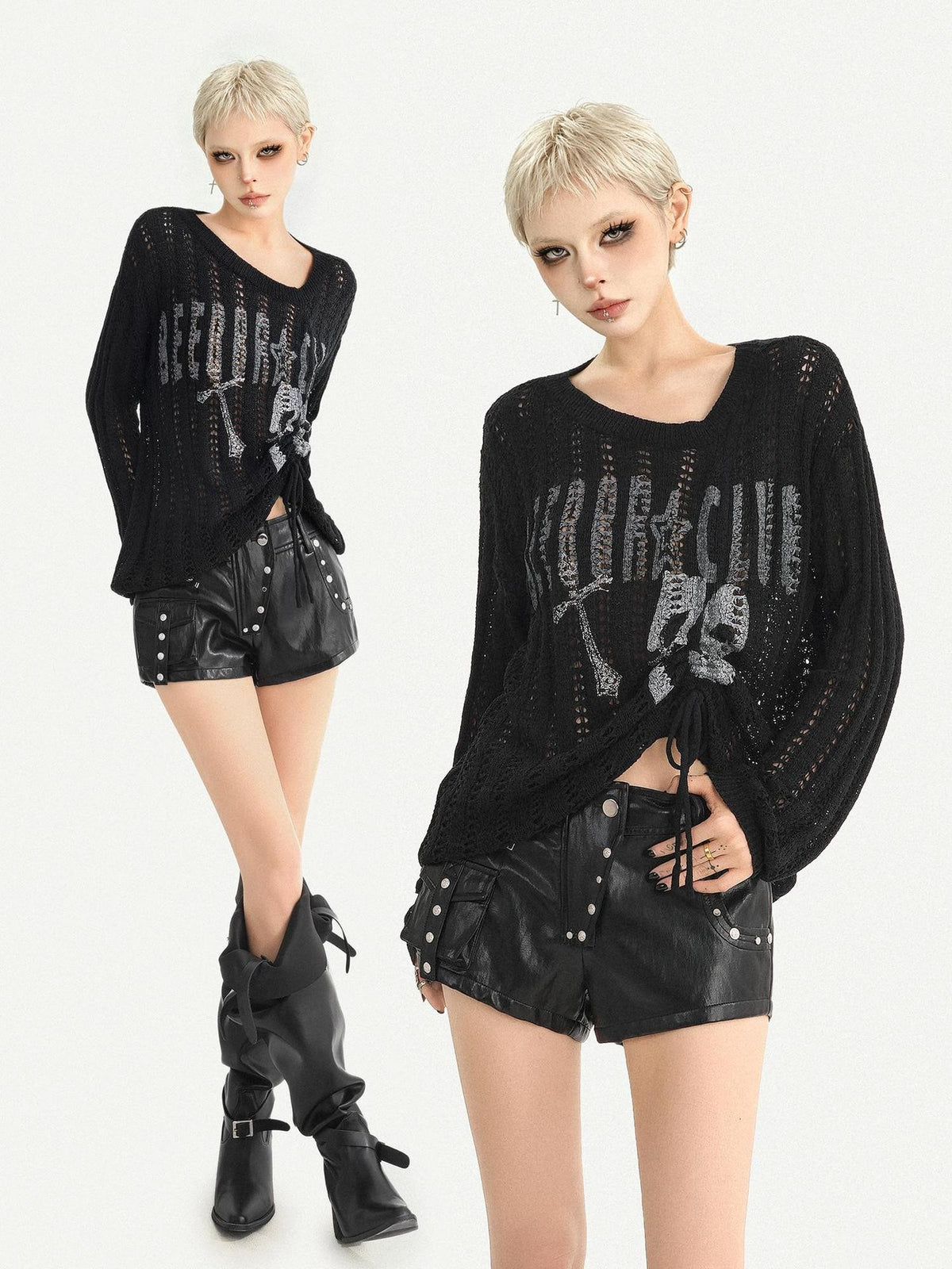 Nico Molly Letter Print Cutout Drawstring Round Neck Dark Punk Women&