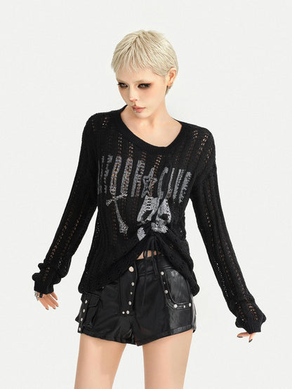Nico Molly Letter Print Cutout Drawstring Round Neck Dark Punk Women&