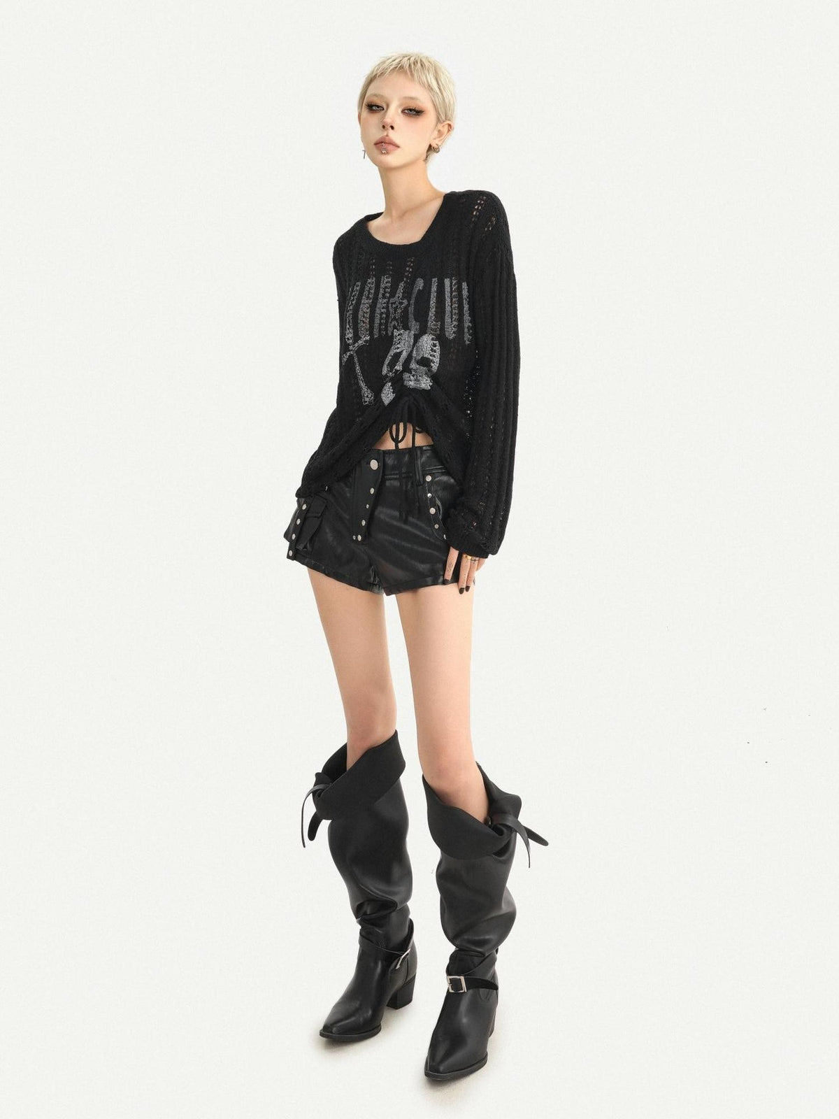 Nico Molly Letter Print Cutout Drawstring Round Neck Dark Punk Women&