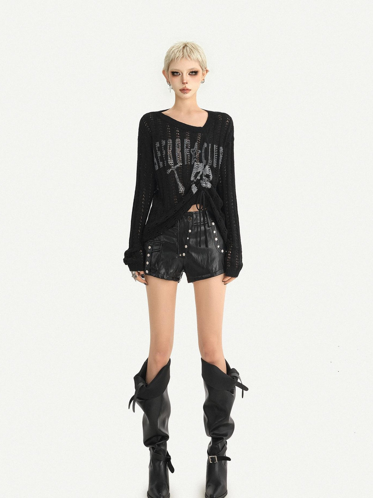Nico Molly Letter Print Cutout Drawstring Round Neck Dark Punk Women&