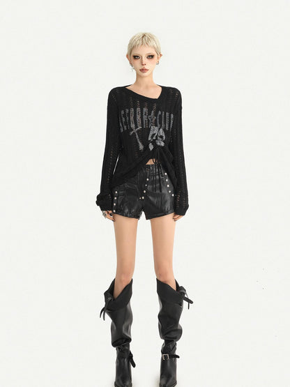 Nico Molly Letter Print Cutout Drawstring Round Neck Dark Punk Women&