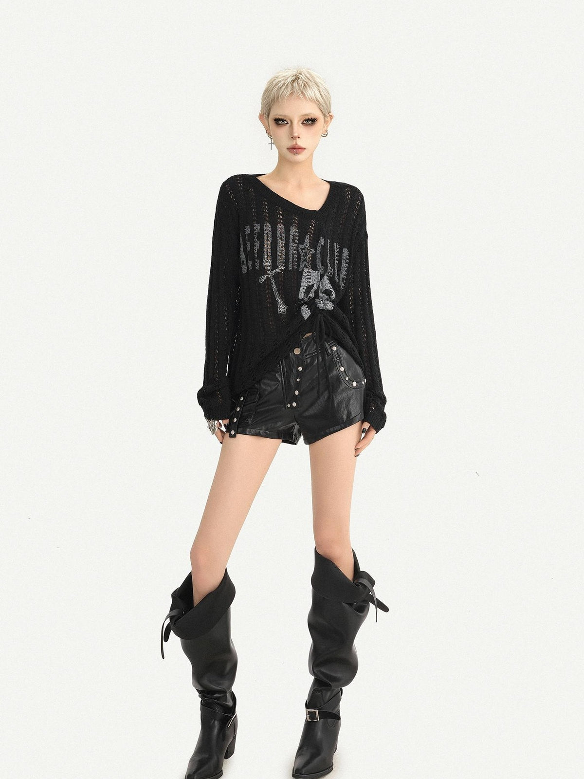 Nico Molly Letter Print Cutout Drawstring Round Neck Dark Punk Women&