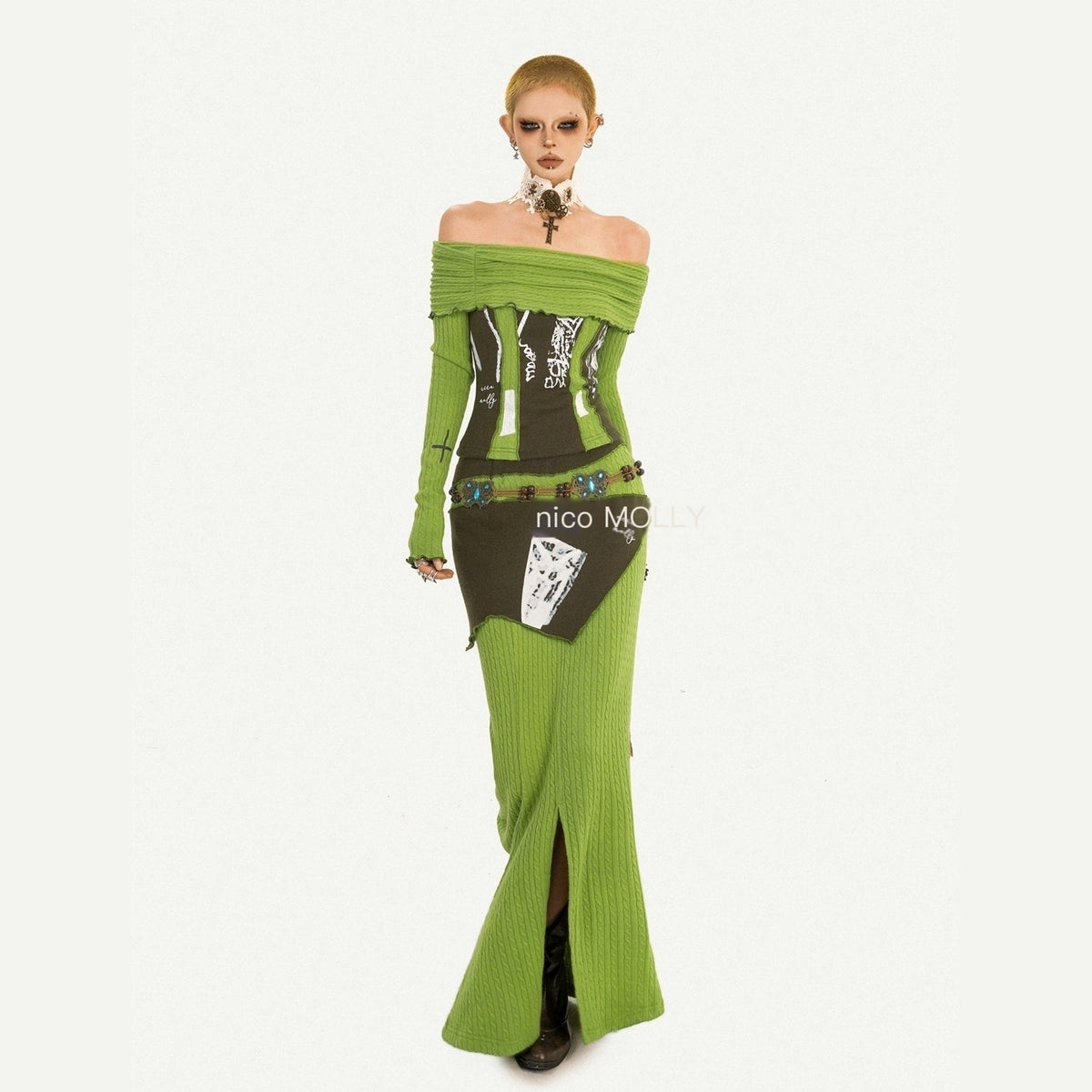 Nico_Molly_Letter_Print_Off_Shoulder_Slim_High_Waist_Side_Slit_Women&