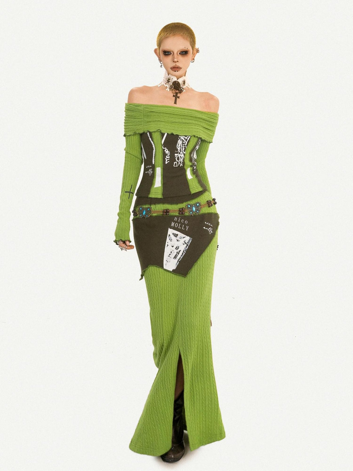 Nico Molly Letter Print Off Shoulder Slim High Waist Side Slit Women&
