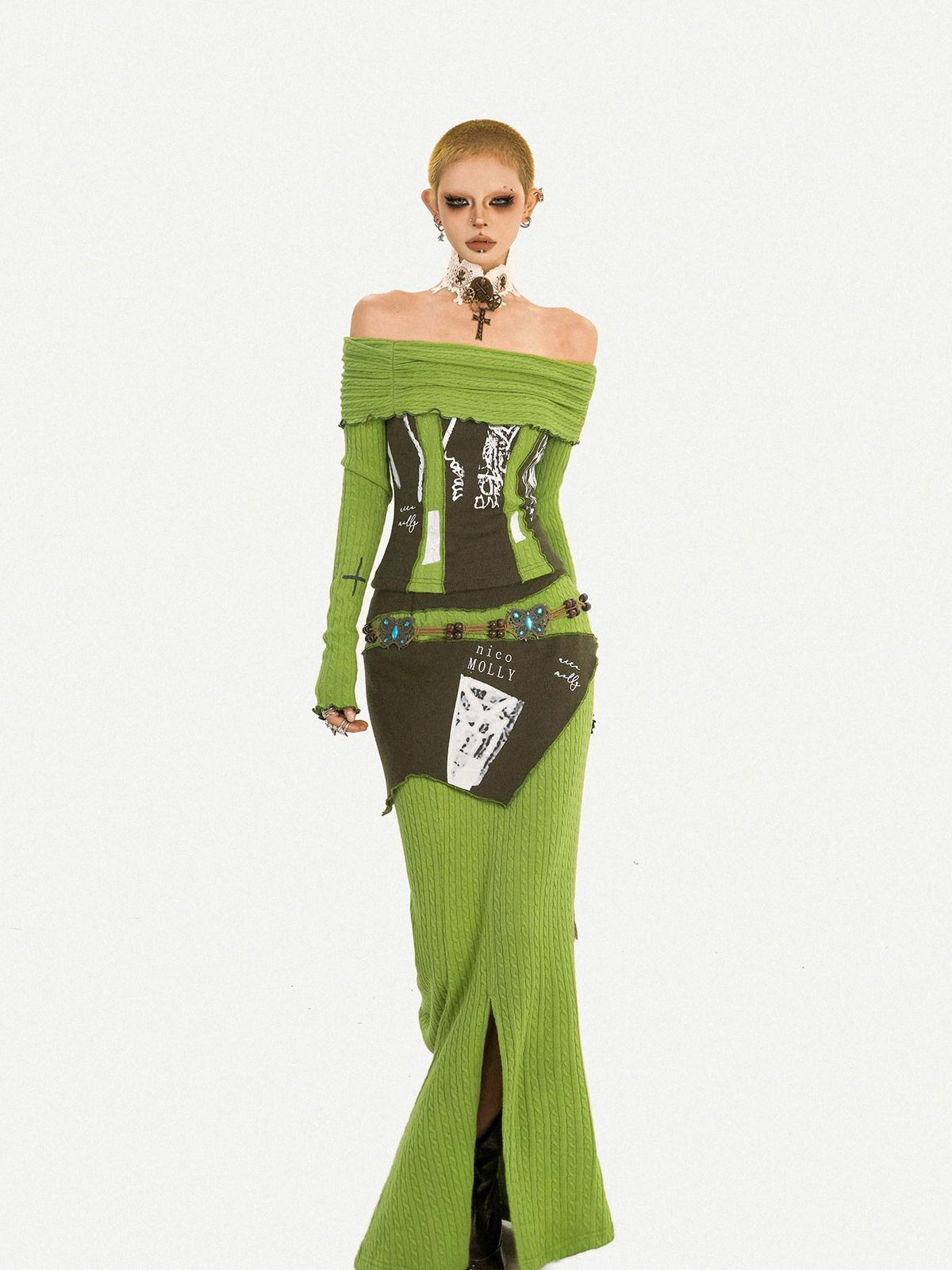 Nico Molly Letter Print Off Shoulder Slim High Waist Side Slit Women&