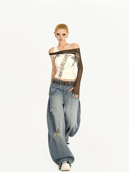 Nico Molly Light Blue Ripped Embroidered High Waist Long Women&
